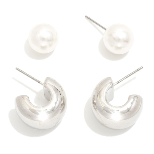 Set Of Two Pearl Stud & Metal Tone Chunky Hoop Earrings SILVER