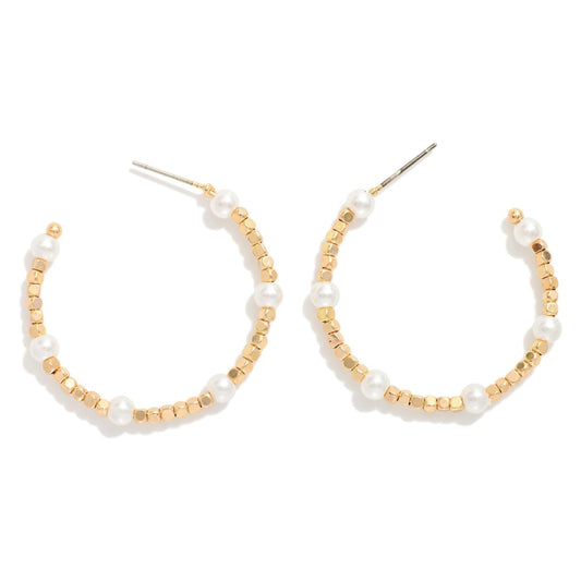 Metal Tone Geometric Shape Bead Beaded Hoop Drop Earrings Featuring Pearl Detail