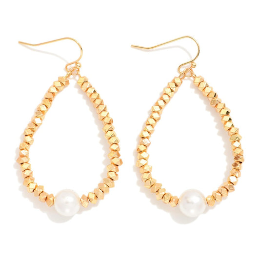 Metal Tone Geometric Shape Bead Beaded Teardrop Earrings Featuring Pearl Detail