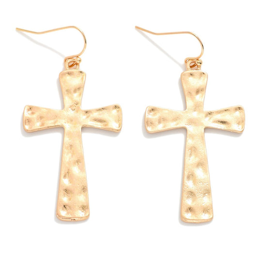 Hammered Metal Cross Drop Earrings