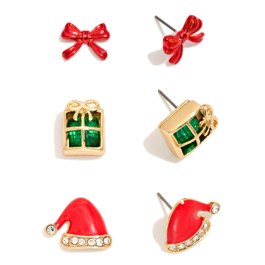 SET OF THREE CHRISTMAS STUD EARRINGS FEATURING RHINESTONE DETAILS