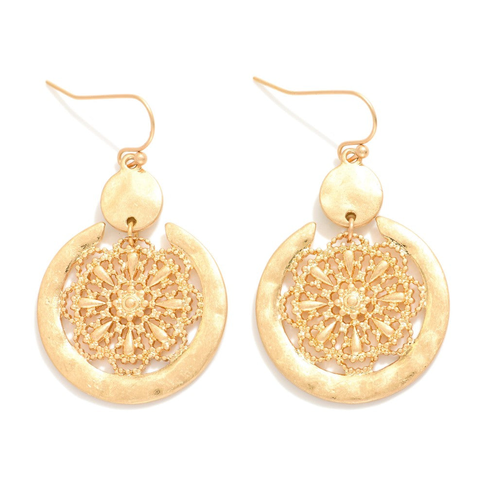 Metal Tone Filigree Mandala Drop Earrings Featuring Hammered Metal Border