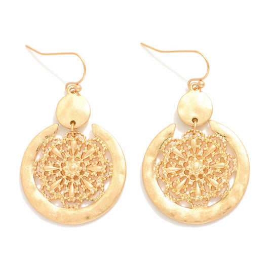 Metal Tone Filigree Mandala Drop Earrings Featuring Hammered Metal Border