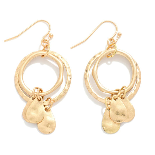 Nesting Hammered Metal Hoops Drop Earrings Featuring Teardrop Tassel Details