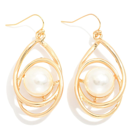Intertwined Metal Oval Drop Earrings With Nesting Pearl Detail