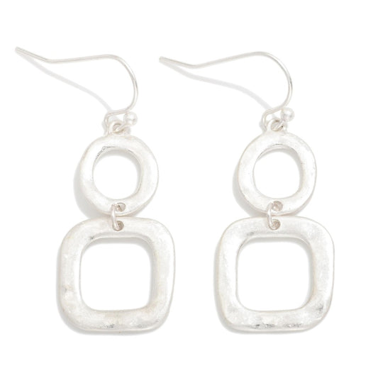 Linked Hammered Metal Circle & Square Drop Earrings SILVER