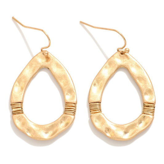 Hammered Metal Teardrop Drop Earrings Featuring Wrapped Wire Details