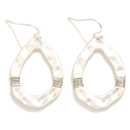 Hammered Metal Teardrop Drop Earrings Featuring Wrapped Wire Details SILVER