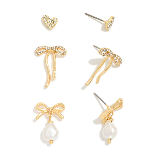 Set Of Three Rhinestone & Metal Tone Bow & Heart Stud Earrings