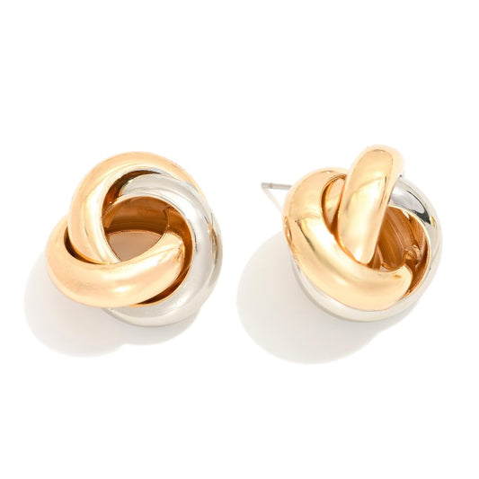 Chunky Knotted Two Tone Metal Post Drop Earrings