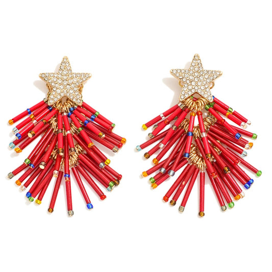 BEADED TASSEL CHRISTMAS TREE DROP EARRINGS
