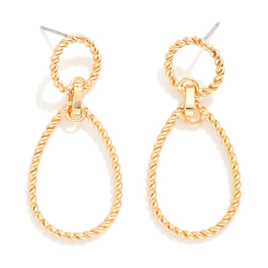 Linked Twisted Metal Circle & Teardrop Post Drop Earrings