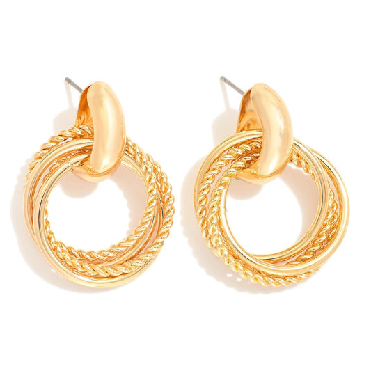 Layered Textured Metal Hoop Door Knocker Post Drop Earrings