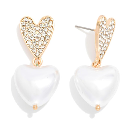 GOLD HEART RHINESTONE STUD WITH HEART PEARL EARRINGS