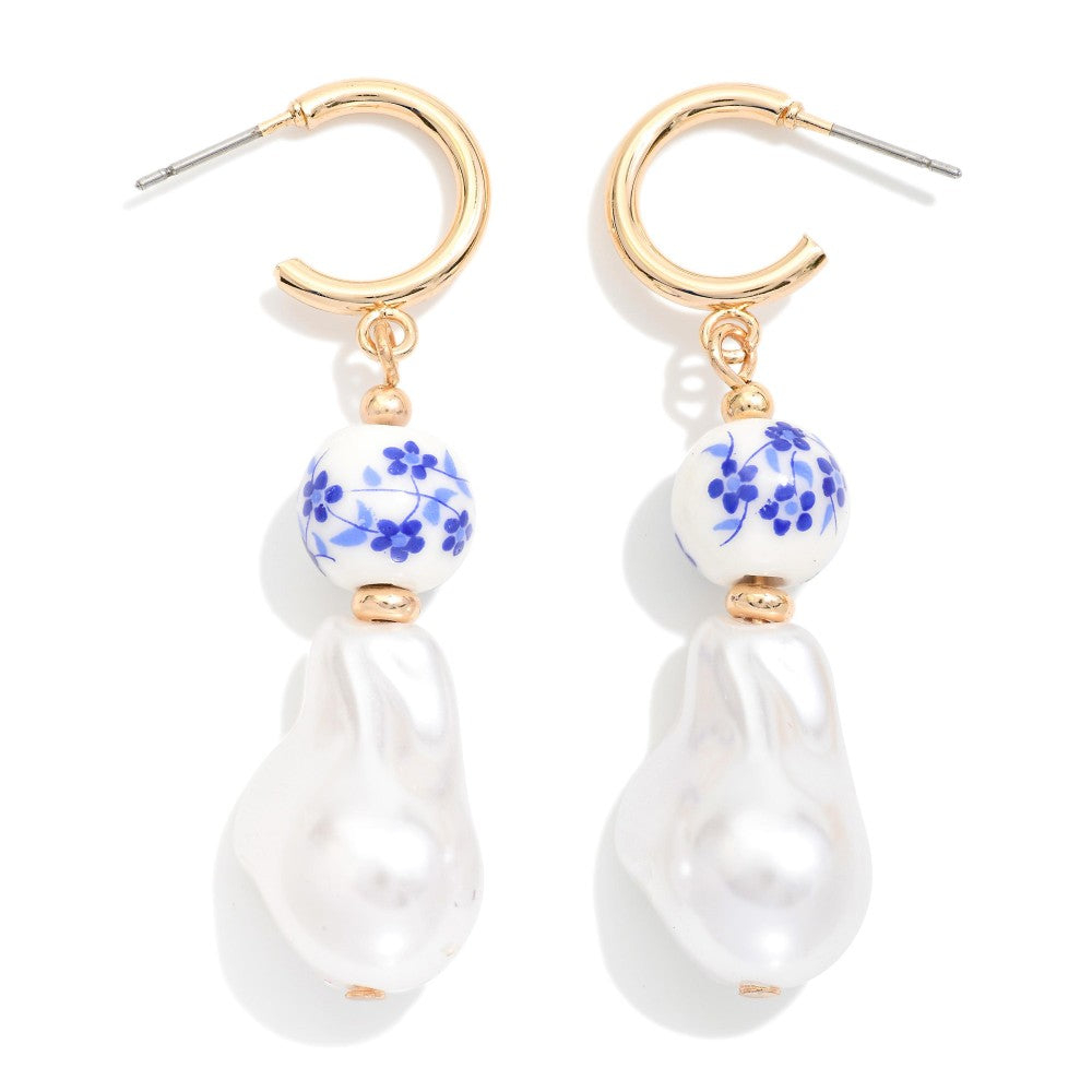 PEARL & CHINOISERIE BEAD HOOP DROP EARRINGS