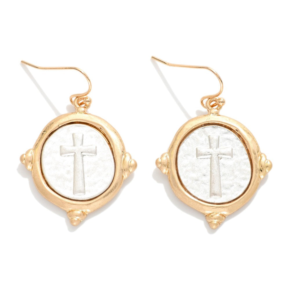 GOLD HAMMERED CIRCLE WITH CROSS EARRINGS