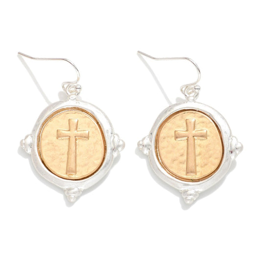 SILVER HAMMERED CIRCLE WITH CROSS EARRINGS