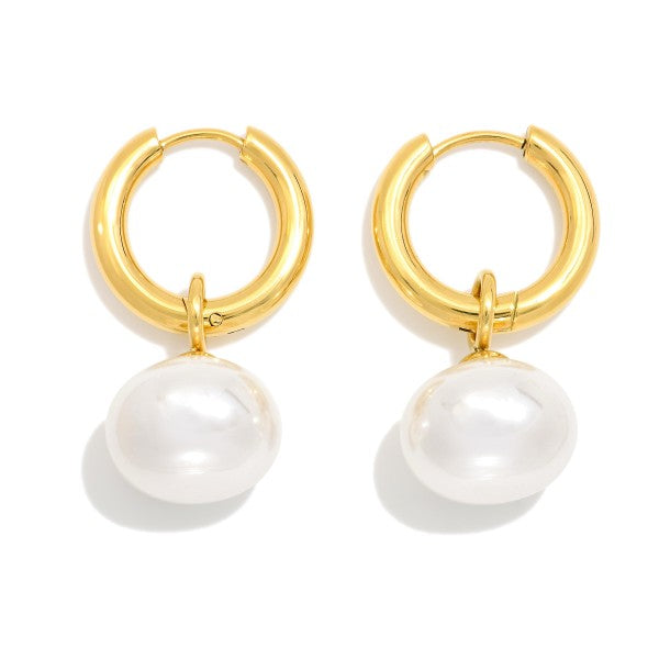 Metal Tone Hoop Pearl Earrings