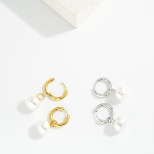 Metal Tone Hoop Pearl Earrings