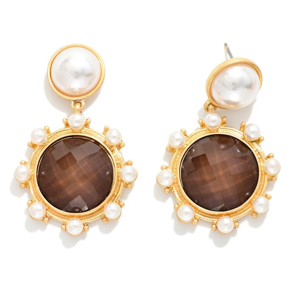 Acetate & Pearl Post Drop Earrings - BROWN