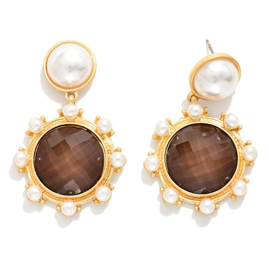 Acetate & Pearl Post Drop Earrings - BROWN