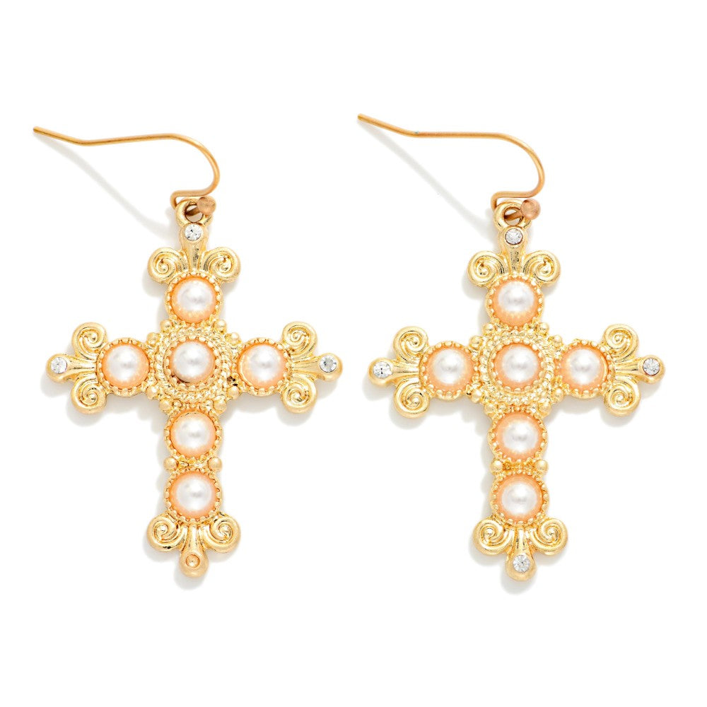 Pearl Cross Earrings - Gold