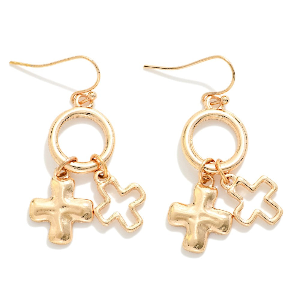 Double Cross Drop Earrings - Gold