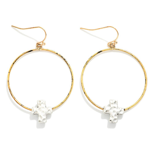 Metal Hoop with Cross Earrings - Gold/Silver