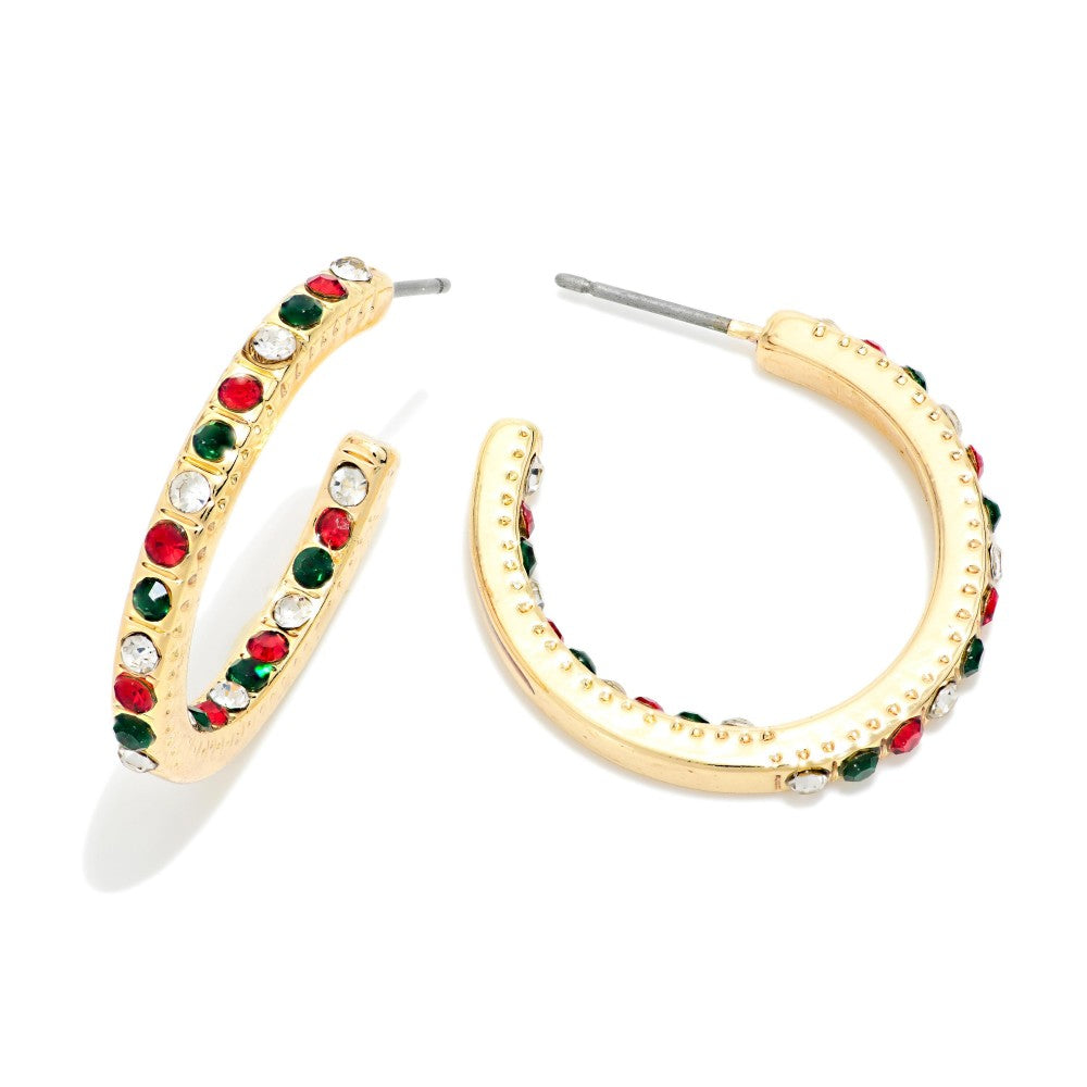 Christmas Rhinestone Hoop Earrings - Gold