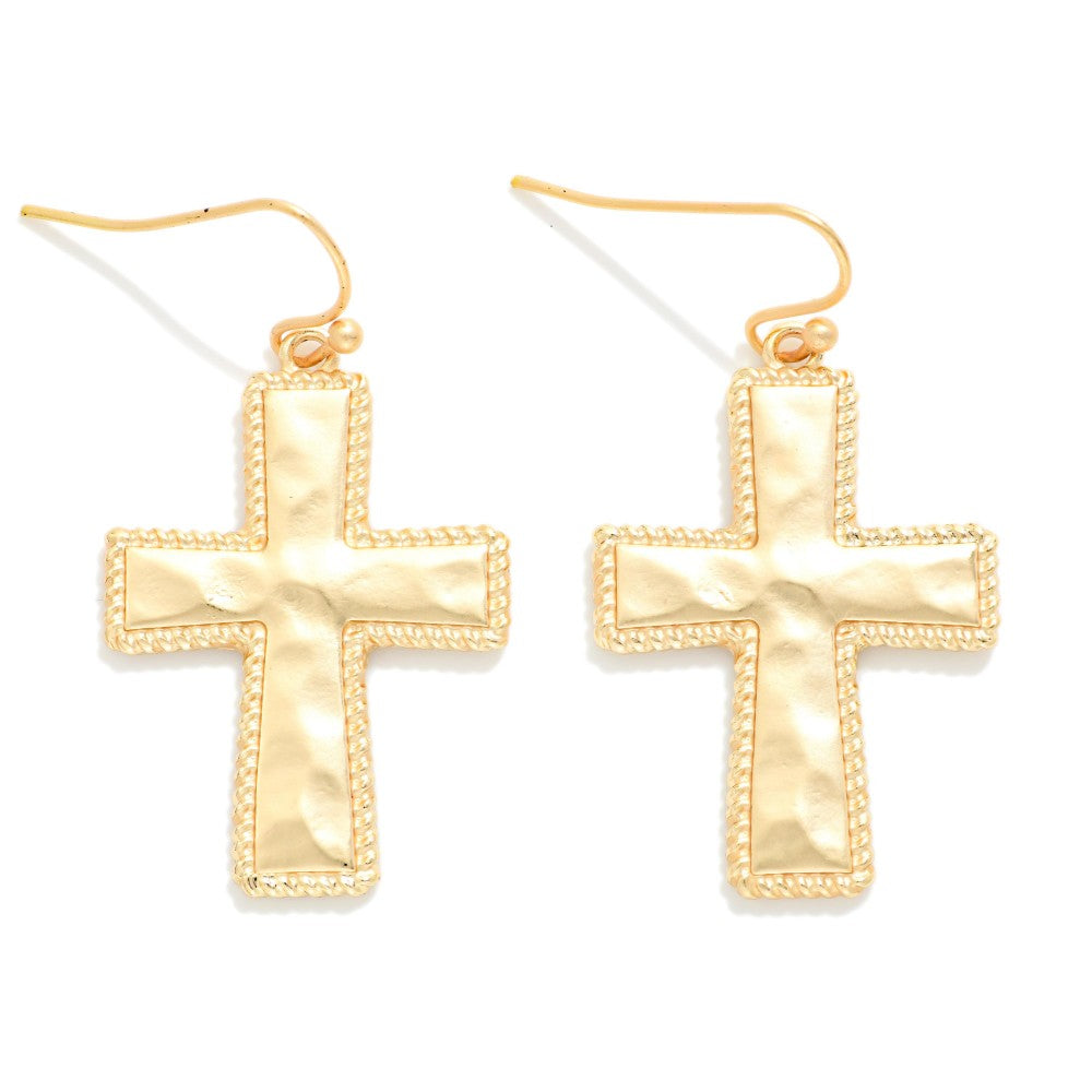 Hammered Cross Drop Earrings - Gold