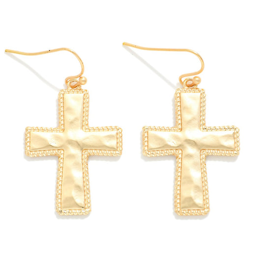 Hammered Cross Drop Earrings - Gold