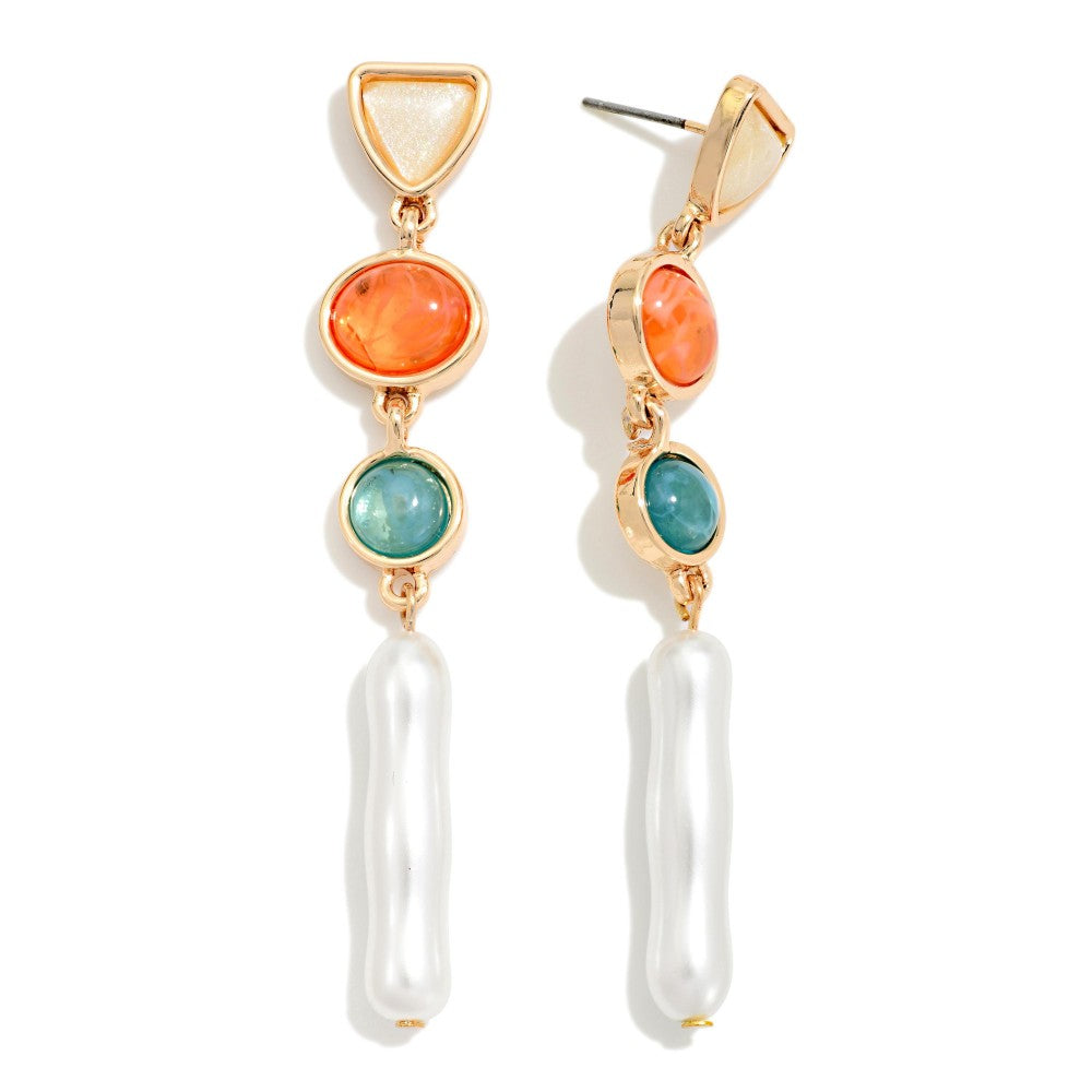 Geometric Shapes & Stick Pearl Post Drop Earrings