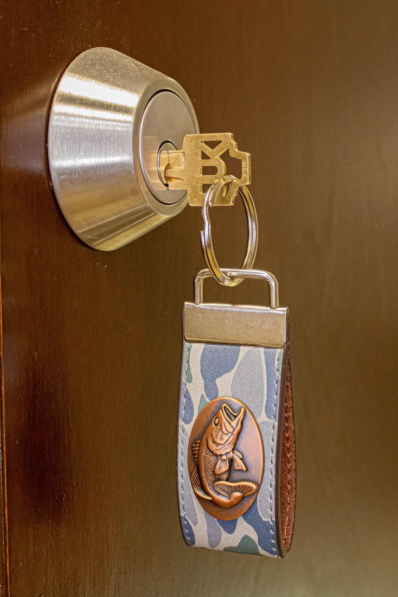 Bass Fishing Old School Camo Leather Loop Keychain.