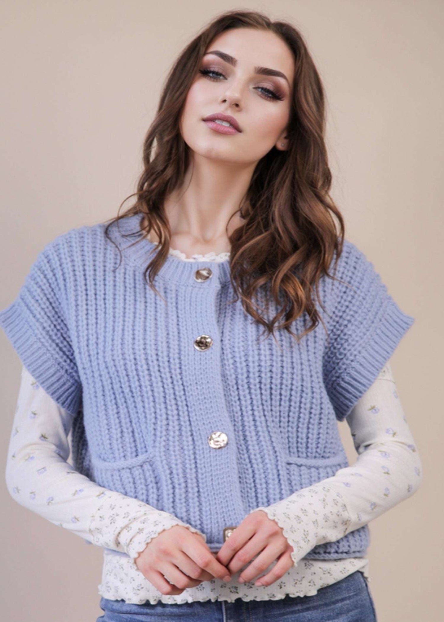 RUTH OVERSIZED BUTTON DOWN KNIT SWEATER TOP-BLUE