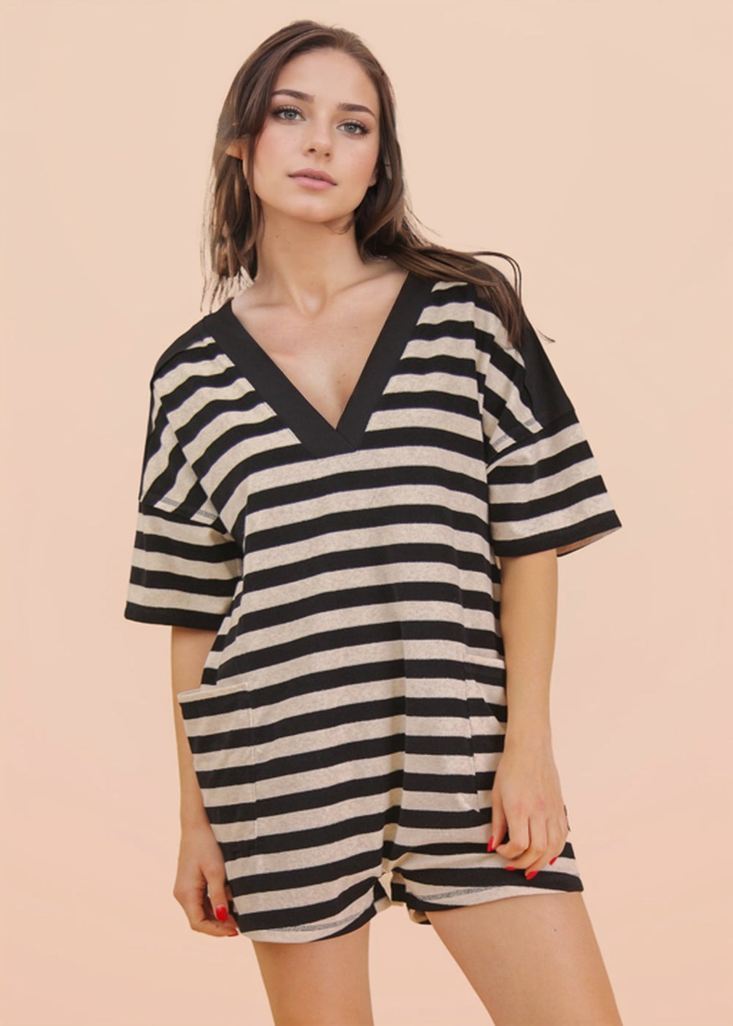 Stripe Casual Knit Romper-Black/Oat