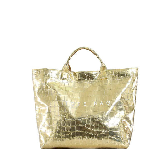 Crocodile Embossed Tote Bag Velcro Waterproof Beach Bag Gold