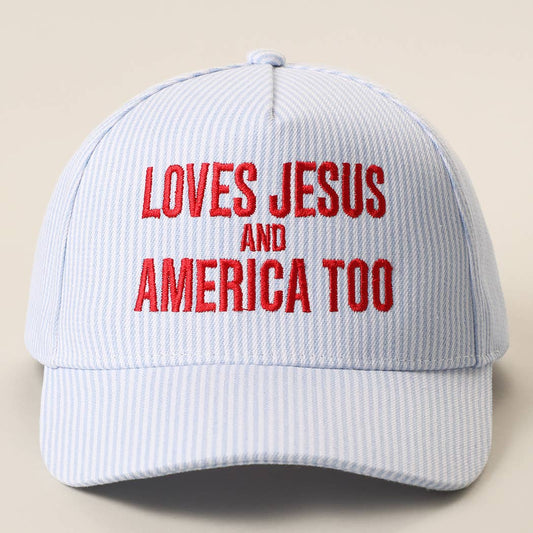 LOVES JESUS AND AMERICA TOO EMBROIDERED SEERSUCKER HAT - BLUE