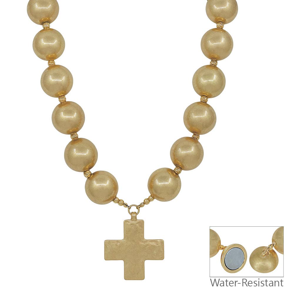 Water Resistant 20MM Gold Beaded with Cross Charm Necklace