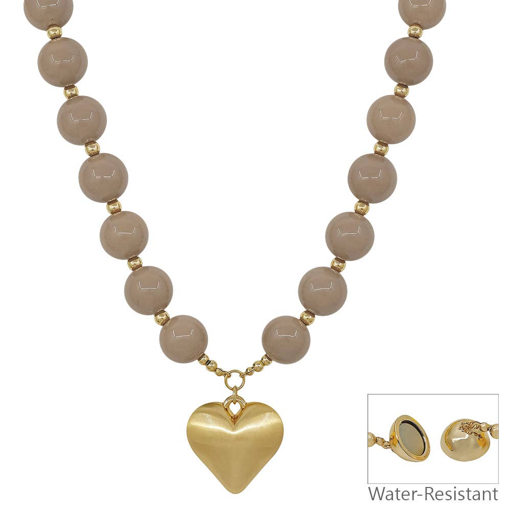 16MM Beige Beaded with Heart Necklace