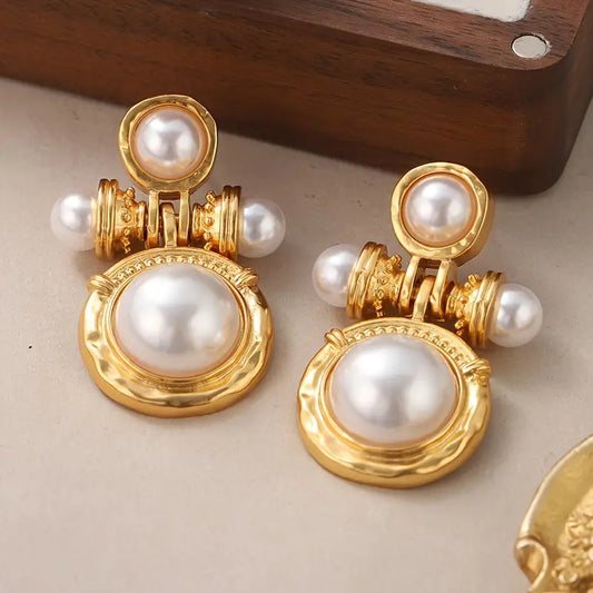 Vintage Elegant 18K Gold Plated Alloy Drop & Dangle Earrings with Imitation Pearls and Silver Ear Needles