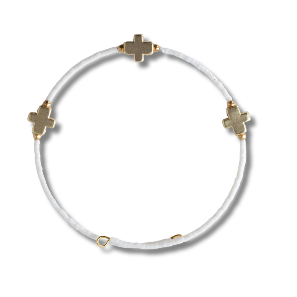 Faithful Beaded Cross Bangle w/ Matte Gold Crosses-White