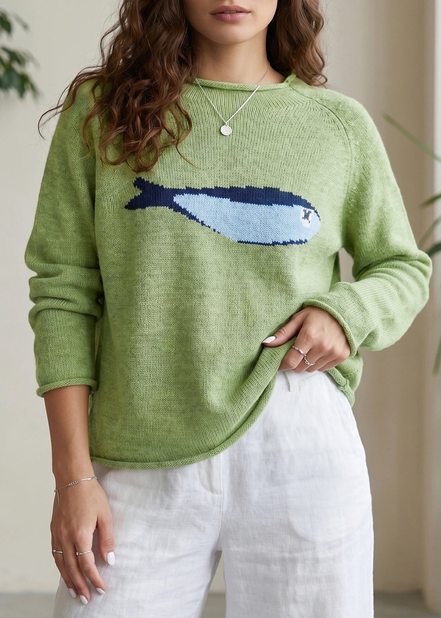 MEADOW MIST GREEN FISH KNIT SWEATER
