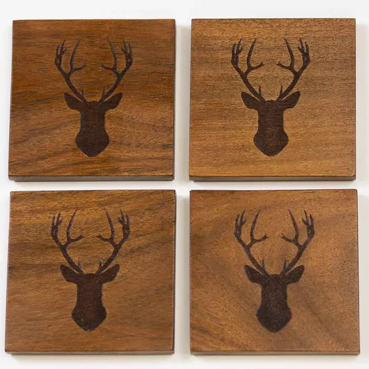 DEER ETCHED WOOD COASTERS NATURAL 4X4