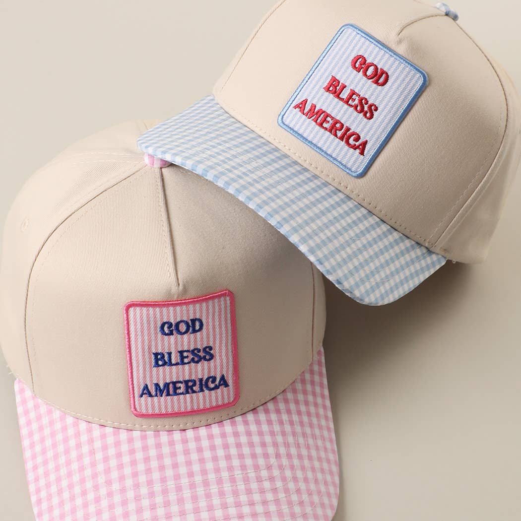 GOD BLESS AMERICA EMBROIDERED PATCH GINGHAM TRUCKER HAT - PINK