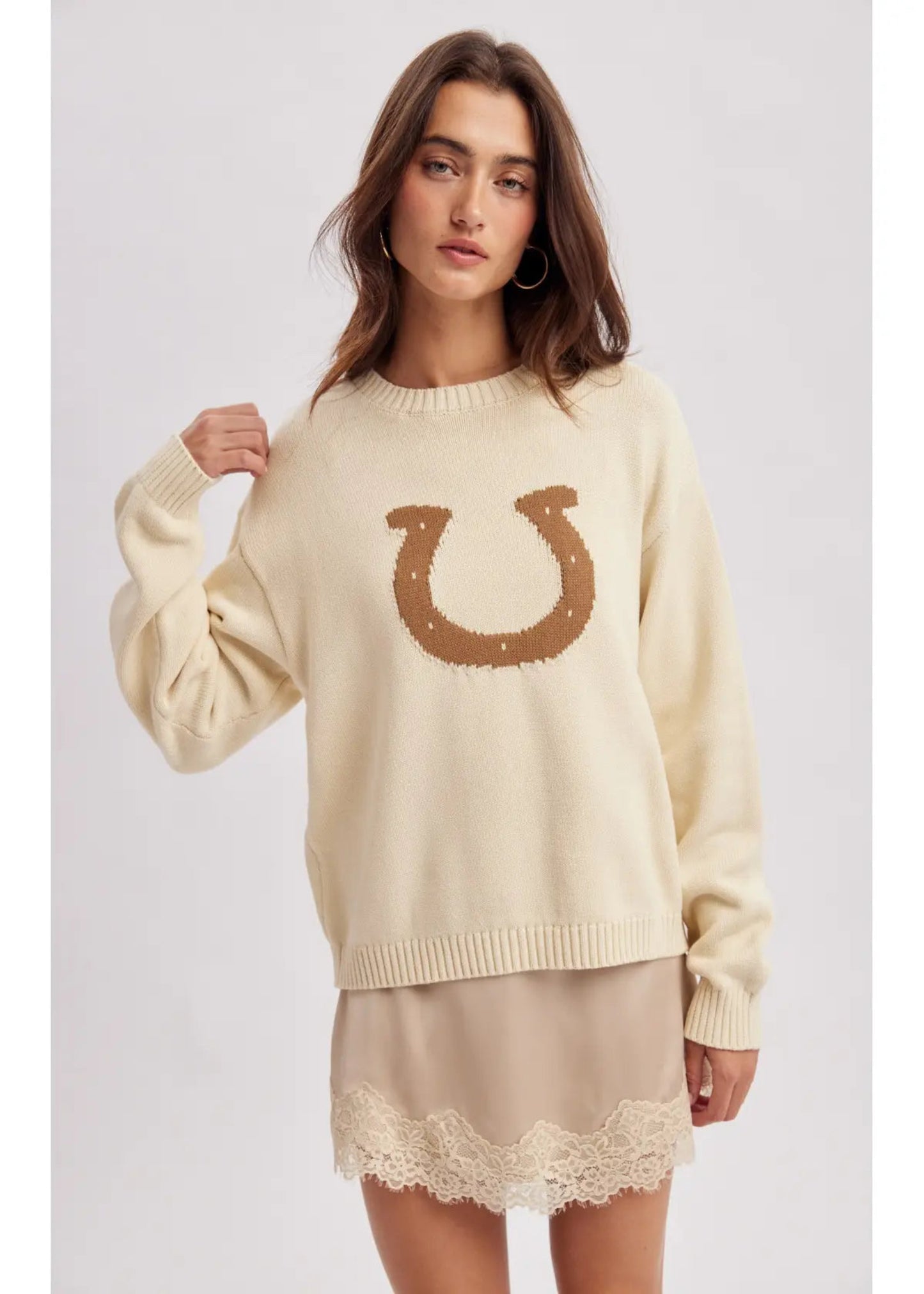HORSESHOE GRAPHIC SWEATER - CREAM/CAMEL