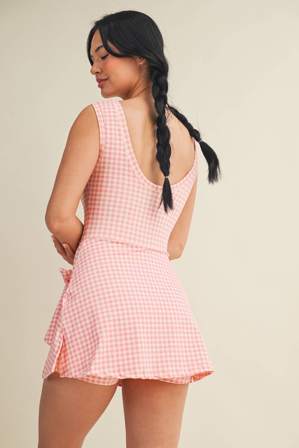 Gingham Print Sleeveless Wrap Tie Front Dress - pink