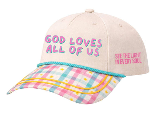 "God Loves all of us"on Tan Cap with Patch Work