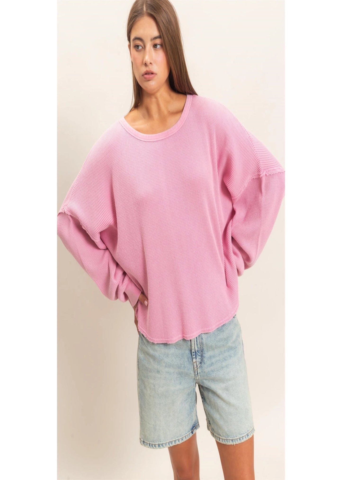 WAFFLE OVERSIZED TOP - PINK
