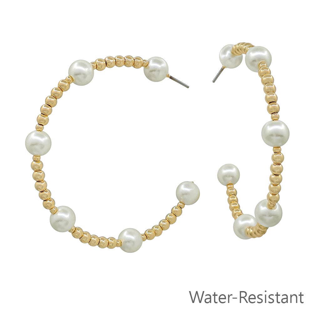 Water Resistant Gold Beaded with 6MM Pearl Beaded 2" Hoop Earring
