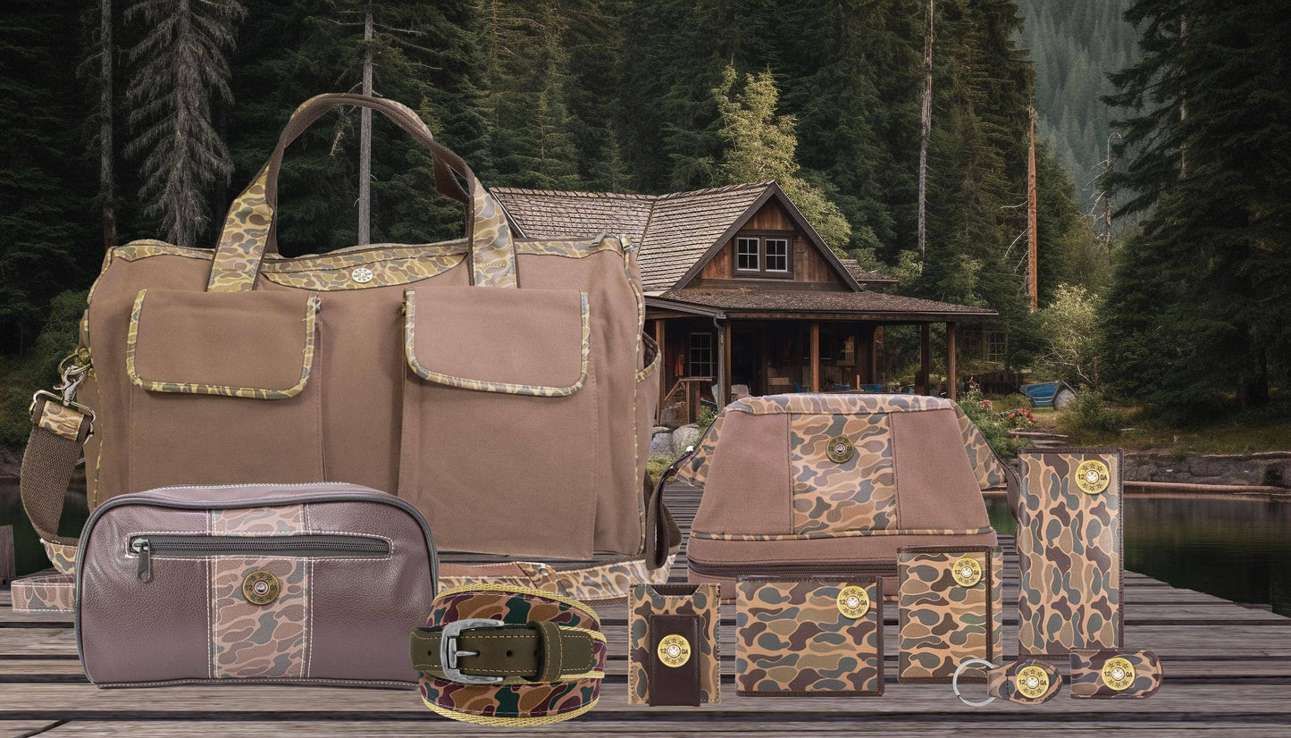 Shot Shell Brown Waxed Canvas Old School Camo Weekender Bag.